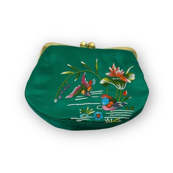 Teal Coin Purse Clasp Bag Floral Bird Embroidered Colorful Spring Summer Retro - Picture 1 of 6